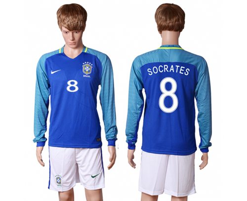 Brazil #8 Socrates Away Long Sleeves Soccer Country Jersey